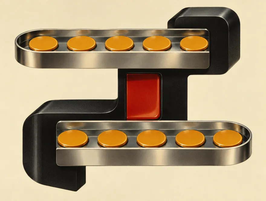 Two chrome channels carrying identical amber discs in opposite directions