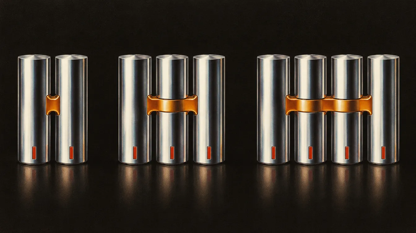 Three groups of blank chrome cylinders: two, then three, then four joined by an amber connector